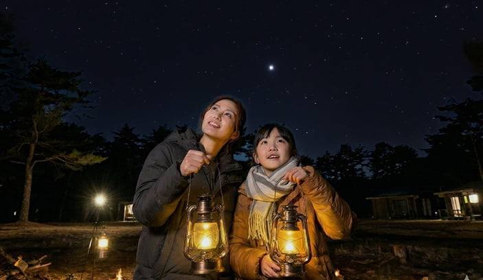夜の自然の中で天体観測を楽しむ親子